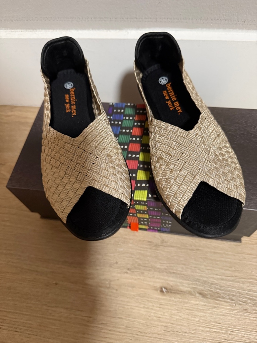 bernie mev. Gold Woven Stretch Open-Toe Slip-Ons